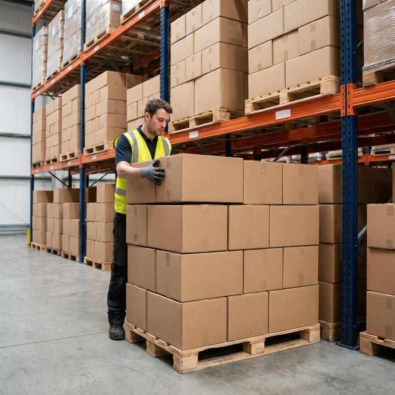 A warehouse worker in a yellow safety vest stacks large cardboard boxes on a pallet, surrounded by tall shelves filled with more boxes.