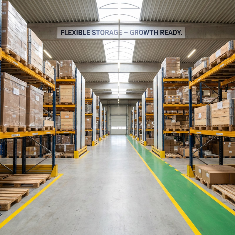 A spacious warehouse with tall shelves stacked with boxes and pallets, a wide aisle in the center, and a sign above reading FLEXIBLE STORAGE – GROWTH READY. The floor has yellow and green markings.