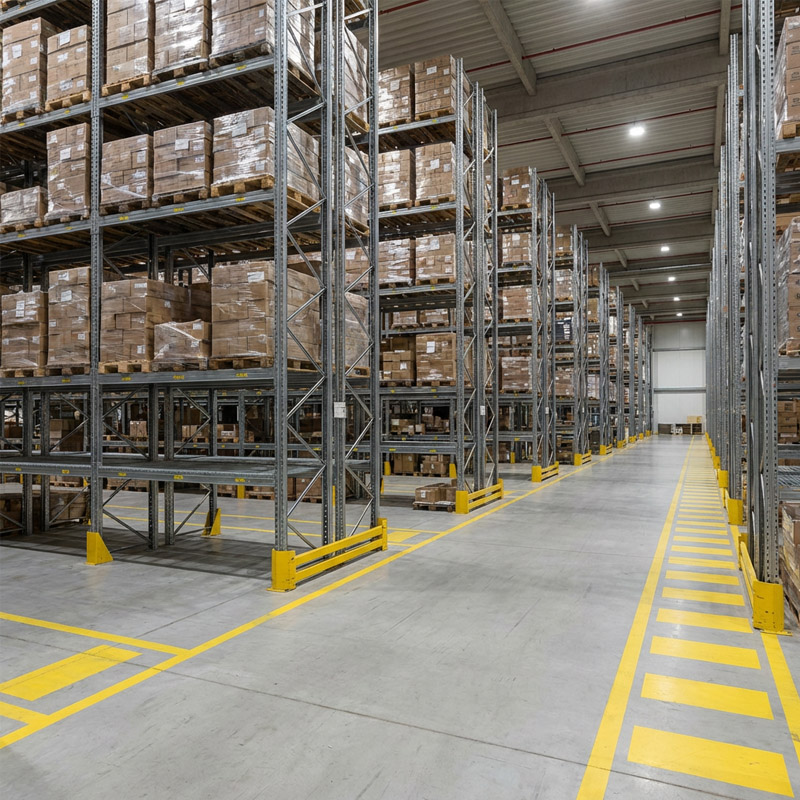 A large warehouse interior with tall metal racks filled with stacked cardboard boxes, wide concrete aisles, and bright yellow safety markings on the floor. The space is clean, well-organized, and well-lit.