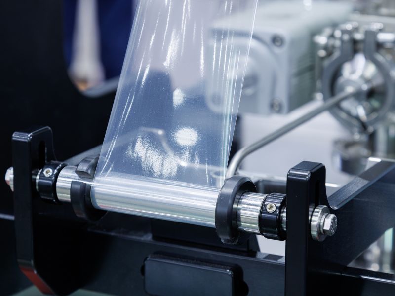 A packaging machine is ready to shrink-wrap a product at a co manufacturing facility.