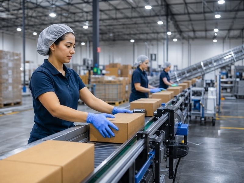 Factory workers wearing hairnets and gloves stand beside a conveyor belt, packaging cardboard boxes in a large warehouse. Businesses often outsource packaging to such facilities, where shelves and equipment fill the background.
