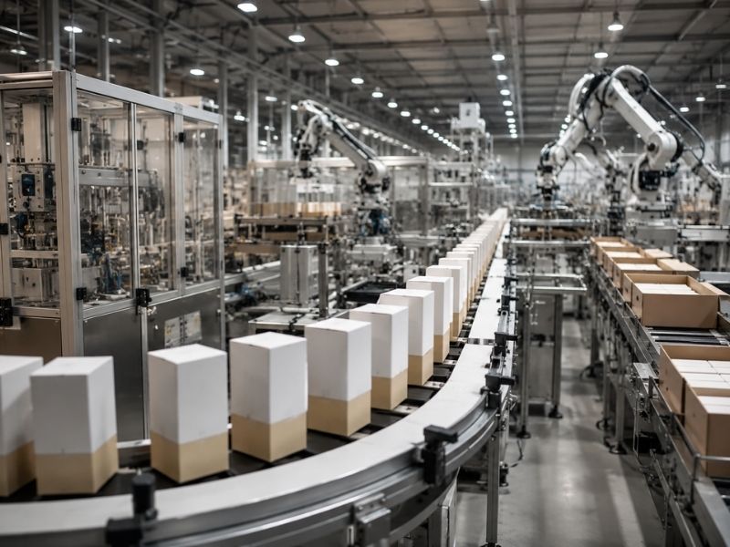 A modern factory with robotic arms and a conveyor belt moving rows of cardboard boxes through an automated consumer good packaging line under bright industrial lighting.