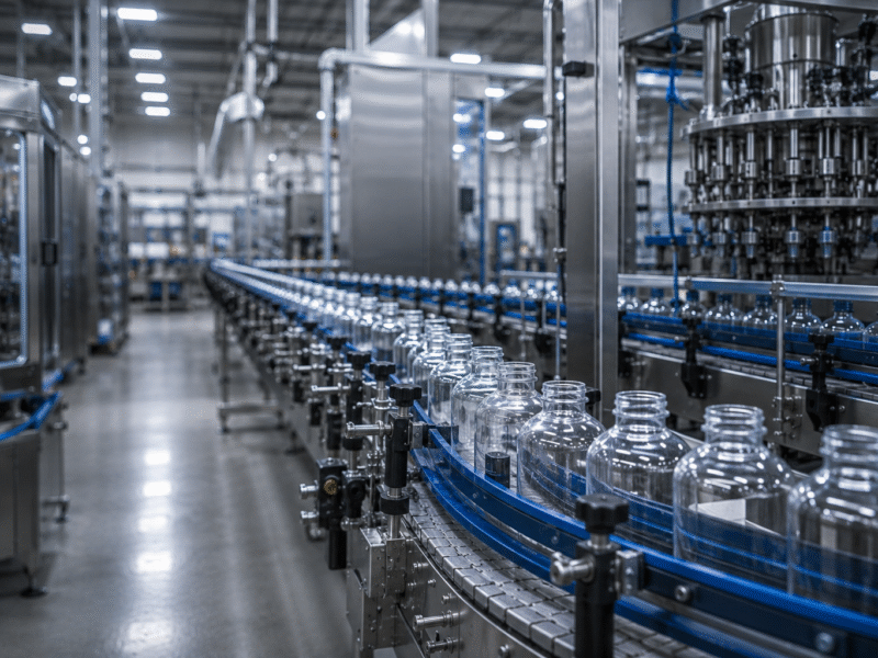 A modern factory production line for CPG brands with empty glass bottles moving along a conveyor belt through automated contract manufacturing machinery in a well-lit industrial setting.