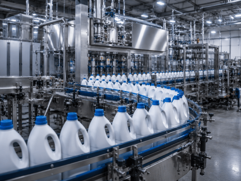 White plastic bottles with blue caps move along a conveyor belt in a modern, automated factory setting—ideal for CPG brands and contract manufacturers. The area is spacious, clean, and well-lit, reflecting an efficient production line.