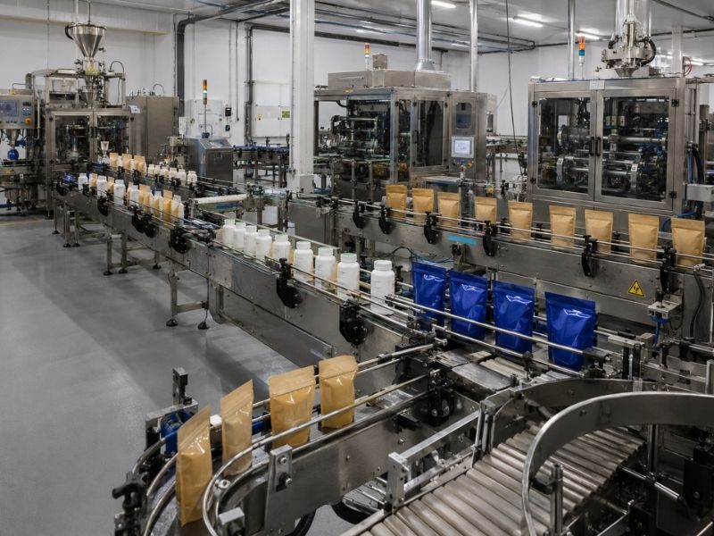 A modern factory production line with automated machinery efficiently handling Multi-SKU packaging—rows of brown and blue pouches and white bottles—onto conveyor belts in a clean, well-lit facility.