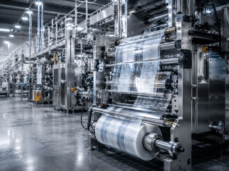 A large, modern printing press in a factory setting prints colorful images on wide rolls of paper, supporting packaging services. The metallic machinery operates under bright lighting on a clean, polished concrete floor.