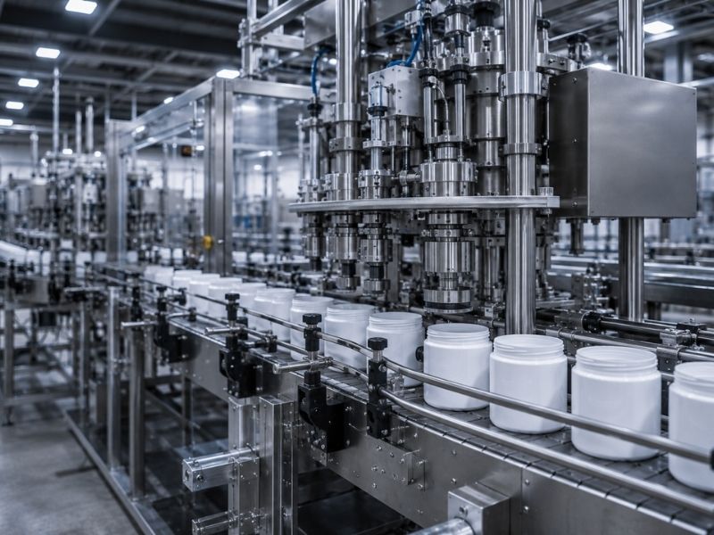 Automated assembly line in a factory with multiple white plastic jars being filled or sealed by a stainless steel industrial machine, illustrating an efficient packaging transition under bright lighting.