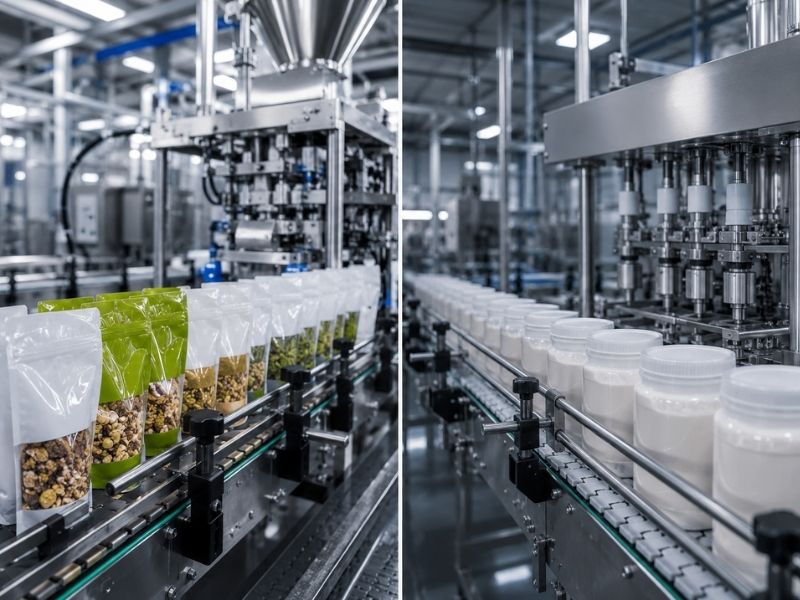 Modern food packaging factory showing granola in flexible packaging pouches on a conveyor belt (left) and powder being filled into rigid plastic jars on an automated production line (right). Bright, clean industrial setting.