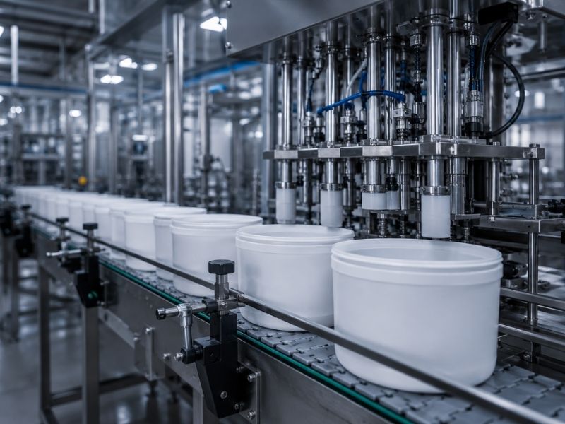 Rows of white plastic containers in rigid packaging move along an automated conveyor belt in a modern factory, passing under machinery likely used for sealing and ensuring product stability. The environment appears clean and industrial.