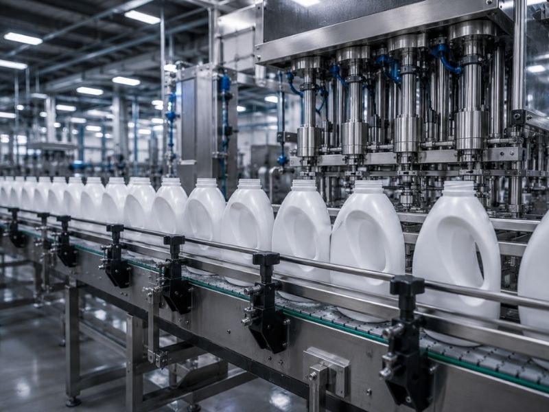 A modern factory assembly line fills and caps white plastic detergent bottles, sourced from leading rigid packaging suppliers, as they move along a conveyor belt beneath automated metal machinery in a brightly lit, industrial setting.