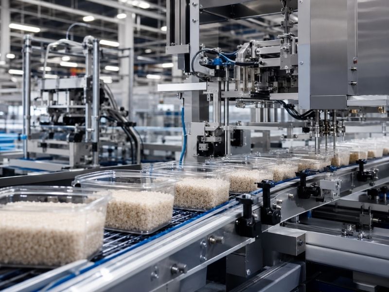 Automated food packaging machine in a factory, placing rice into clear rigid packaging containers on a conveyor belt. The modern industrial setting features stainless steel equipment and bright lighting.