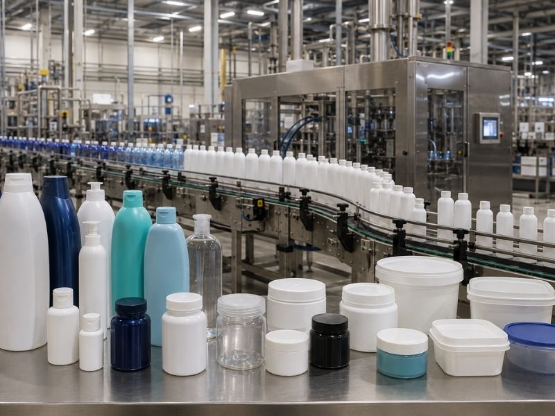 Plastic bottles, jars, and containers of various shapes and sizes are displayed on a table in front of an automated production line inside a brightly lit factory filled with industrial equipment.