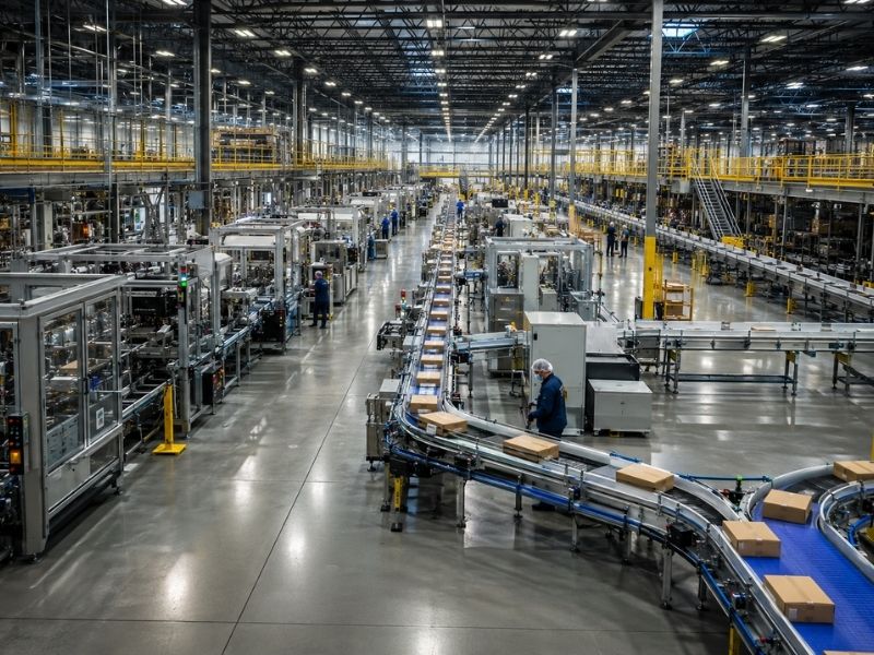 Large, modern factory interior with automated conveyor belts transporting cardboard boxes, supporting efficient packaging operations. High ceilings and bright lighting illuminate the vast production area filled with industrial machines.