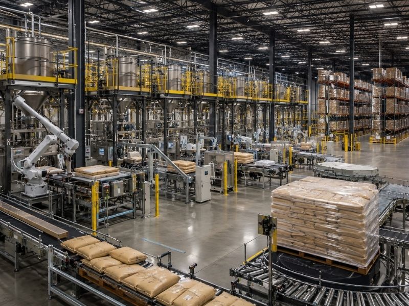 Large automated factory interior with robotic arms, conveyor belts, stacked pallets of goods, and stainless steel tanks—all optimized for packaging efficiency under bright industrial lighting and high shelves filled with boxes.