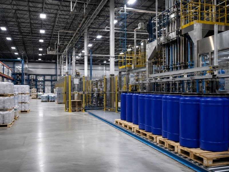 A large industrial warehouse with tall ceilings, automated machinery, and stacked pallets highlights the need to identify packaging inefficiency, as rows of large blue plastic barrels on wooden pallets line up along the production area.