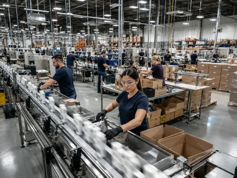 Workers in a large, brightly lit factory operate an assembly line, overseeing large scale packaging as they pack products into boxes. Conveyor belts and stacks of cardboard boxes are visible throughout the busy industrial workspace.