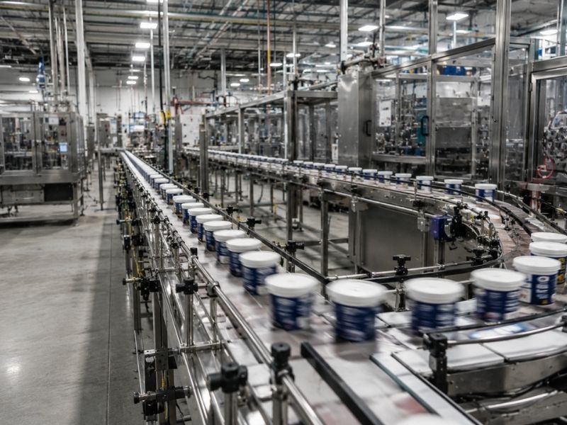 A modern factory production line showcases efficient packaging operations, with many containers moving along a conveyor belt, surrounded by stainless steel machinery and industrial equipment in a brightly-lit, spacious facility.