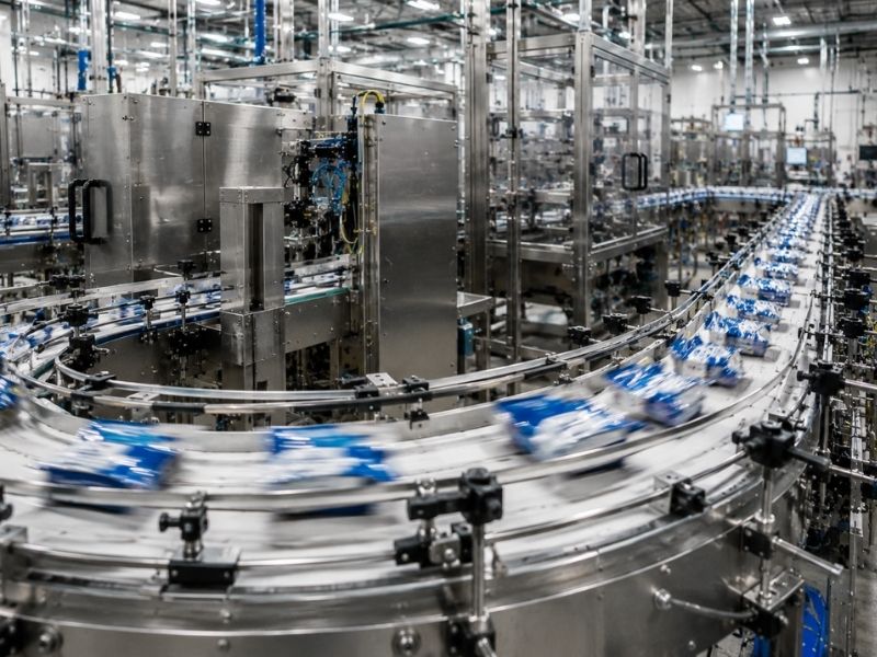 A factory assembly line with packaged products moving quickly along a conveyor belt amid complex metal machinery and industrial equipment showcases efficient toll manufacturing in a large, brightly lit facility.
