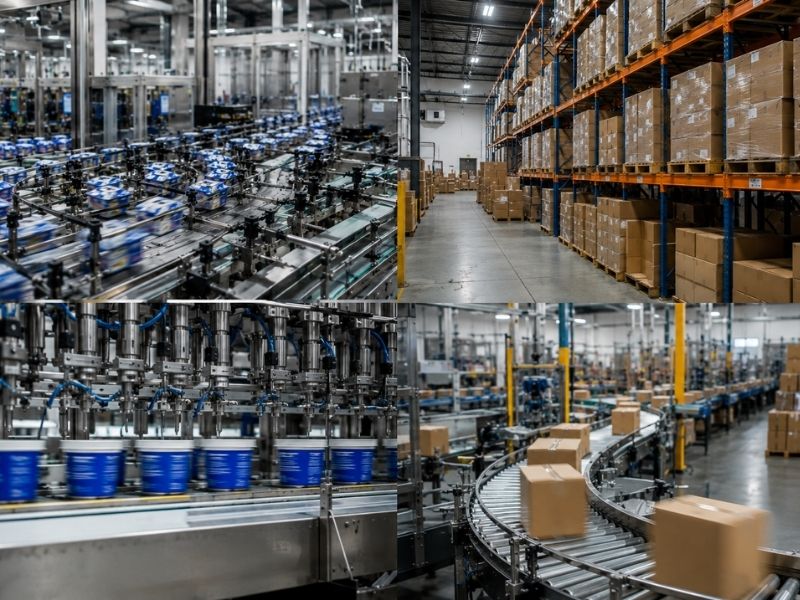 Collage of three images showing automated factory scenes: assembly lines with machinery and conveyor belts moving products and boxes, and a toll manufacturing warehouse with shelves stacked with cardboard boxes.