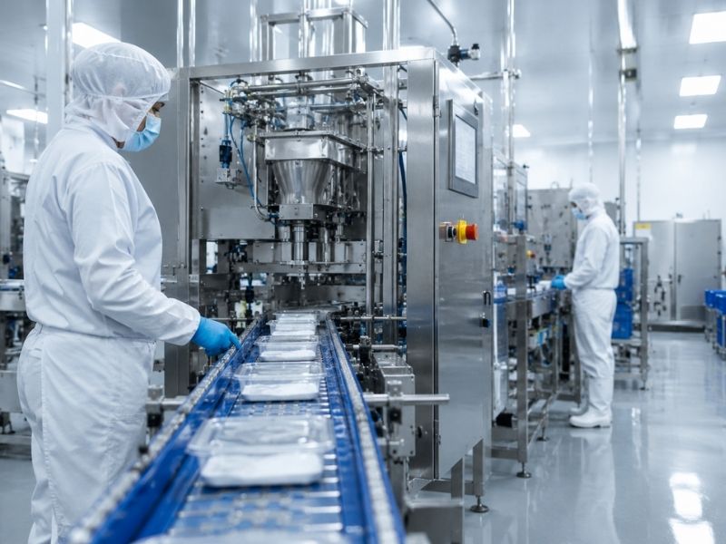 Two workers in white protective suits and masks operate machines in a clean, sterile factory, monitoring food grade toll processing of packaged products as they move along a conveyor belt in a brightly lit, modern production facility.