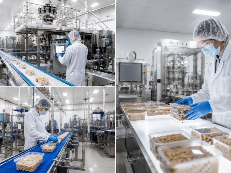 Workers in protective clothing and masks inspect and operate machinery in a modern food grade toll processing plant, monitoring packaged food containers moving along blue conveyor belts under bright lighting.