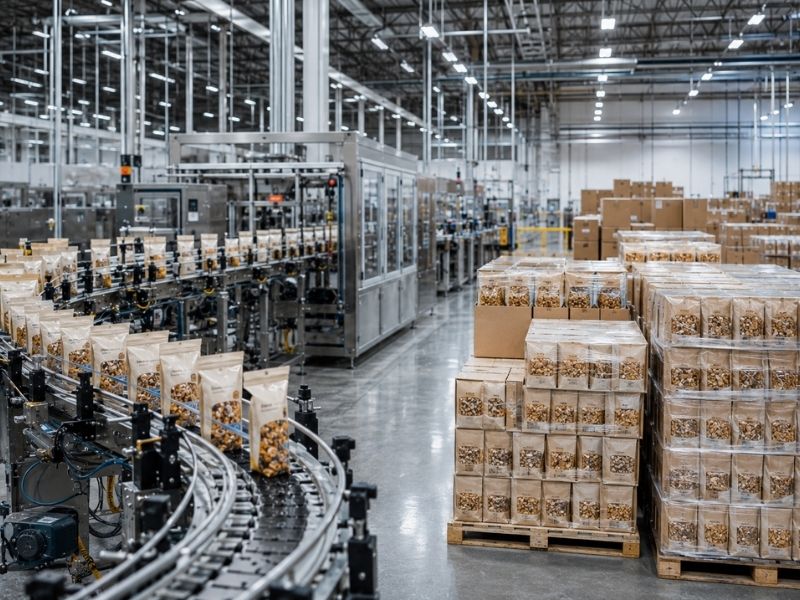 A modern food processing factory showcases machines, conveyor belts, and stacks of packaged snacks on pallets. The spacious, well-lit warehouse efficiently supports both Toll Manufacturing vs Contract Manufacturing operations.