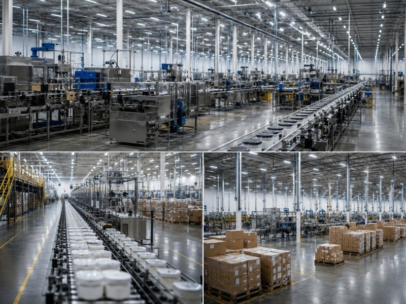 A large, modern toll manufacturing factory interior with bright lighting, automated machines, conveyor belts, and pallets of boxes, showcasing spacious, organized rows of industrial equipment and packaging areas.