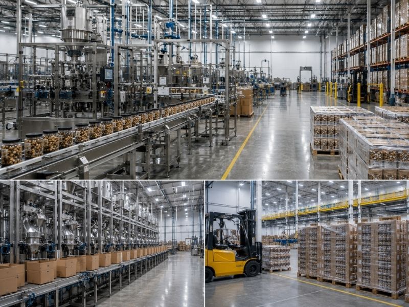 Collage of images showing a large, modern factory interior illustrating toll manufacturing vs contract manufacturing, with automated machinery, conveyor belts, packaged goods, stacked pallets, and a yellow forklift in a spacious, well-lit warehouse environment.