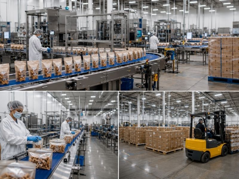 A modern food processing plant with workers in protective clothing packaging nuts on a conveyor belt, stacks of boxed goods, and a worker operating a yellow forklift—ideal for toll manufacturing operations in a spacious warehouse.