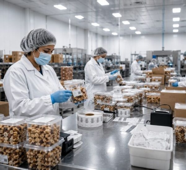 Workers in lab coats, masks, and hairnets package food items into clear plastic containers on an assembly line in a clean, bright factory—demonstrating key differences between oll manufacturing vs contract manufacturing processes. Boxes and packaging materials are visible on tables.