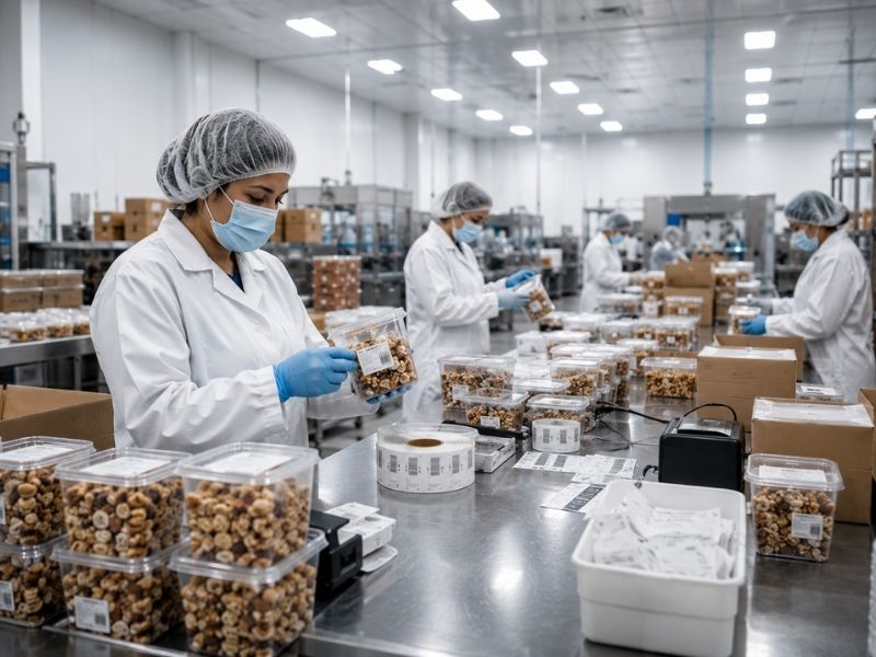 Workers in lab coats, masks, and hairnets package food items into clear plastic containers on an assembly line in a clean, bright factory—demonstrating key differences between oll manufacturing vs contract manufacturing processes. Boxes and packaging materials are visible on tables.