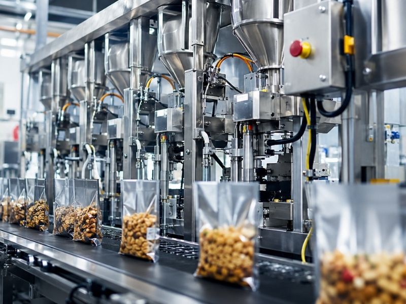 Automated food packaging line with transparent bags of mixed nuts moves along a conveyor belt under stainless steel filling machines, showcasing efficient consumer goods packaging in a factory setting.