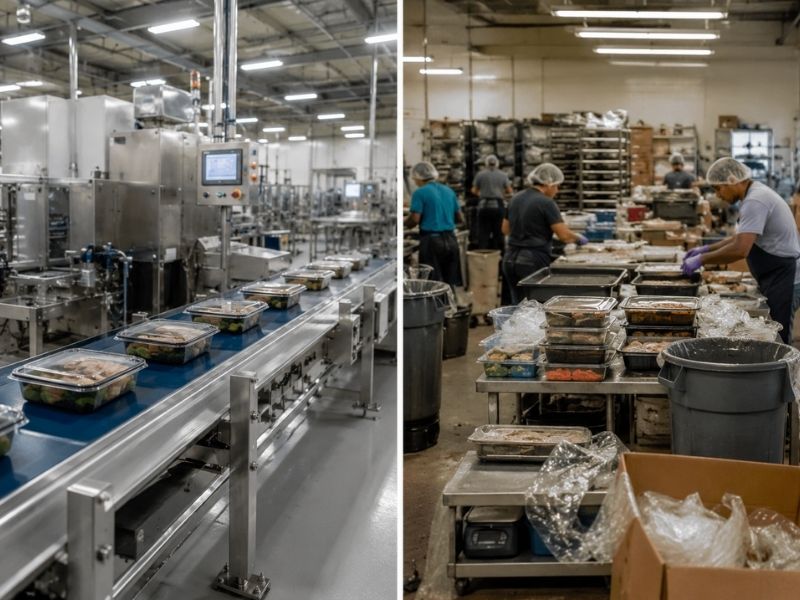 A food production facility featuring In-House Food Packaging, with packaged meals on a conveyor belt to the left and workers in hairnets and gloves preparing and packing meals at tables on the right.
