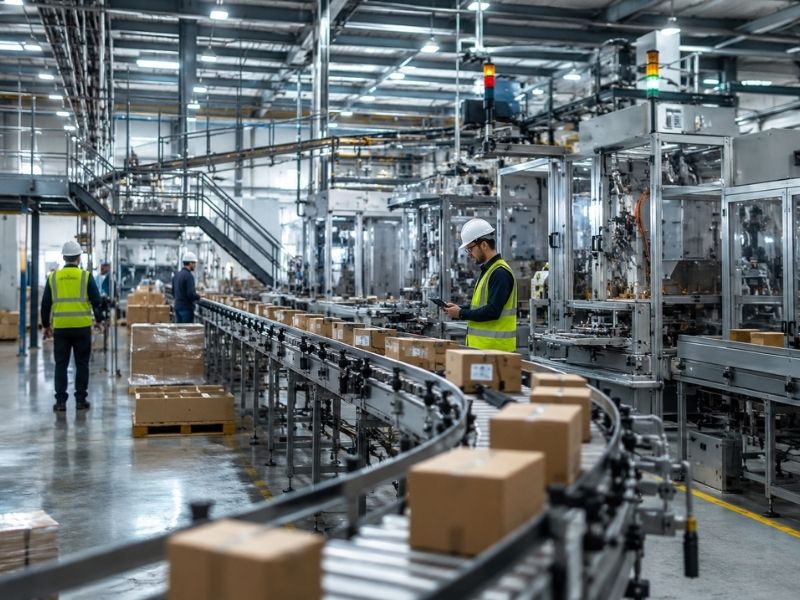 Workers in safety vests and helmets monitor a conveyor belt transporting cardboard boxes inside a large, modern factory with industrial equipment and machinery visible throughout the space.