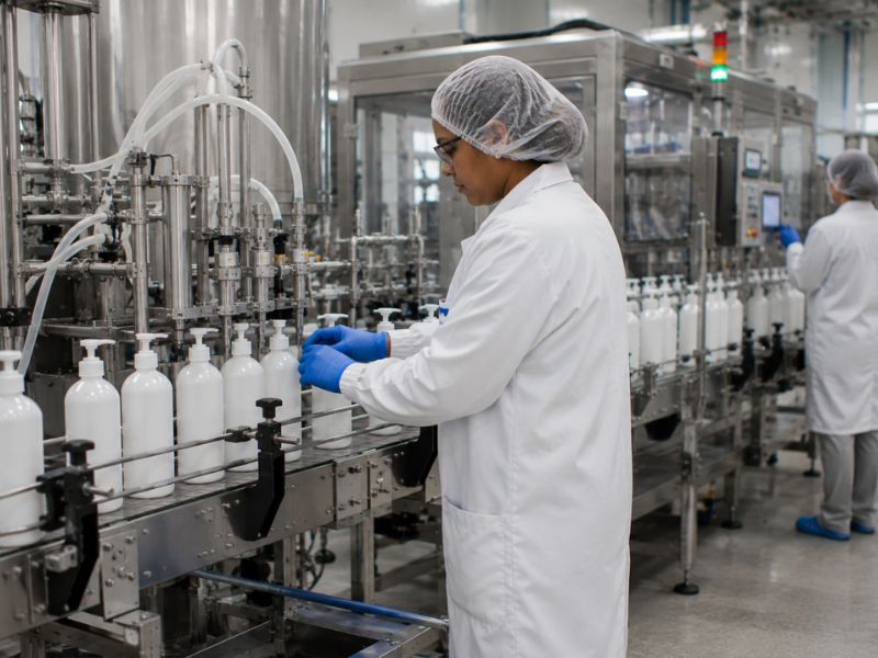 Technician inspecting an automated liquid filling line during quality control at a contract packaging facility.