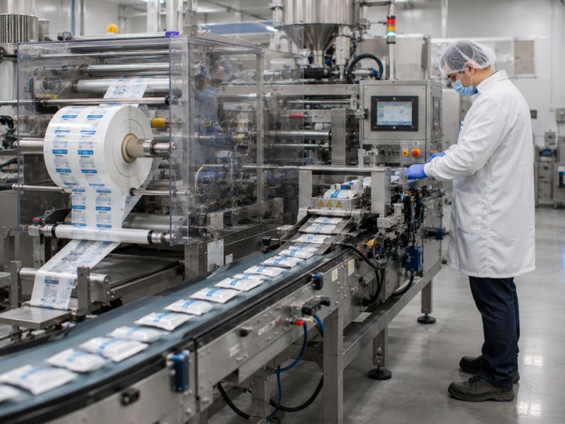 Packaging technician performing quality inspection on an automated bottle filling line for personal care packaging.