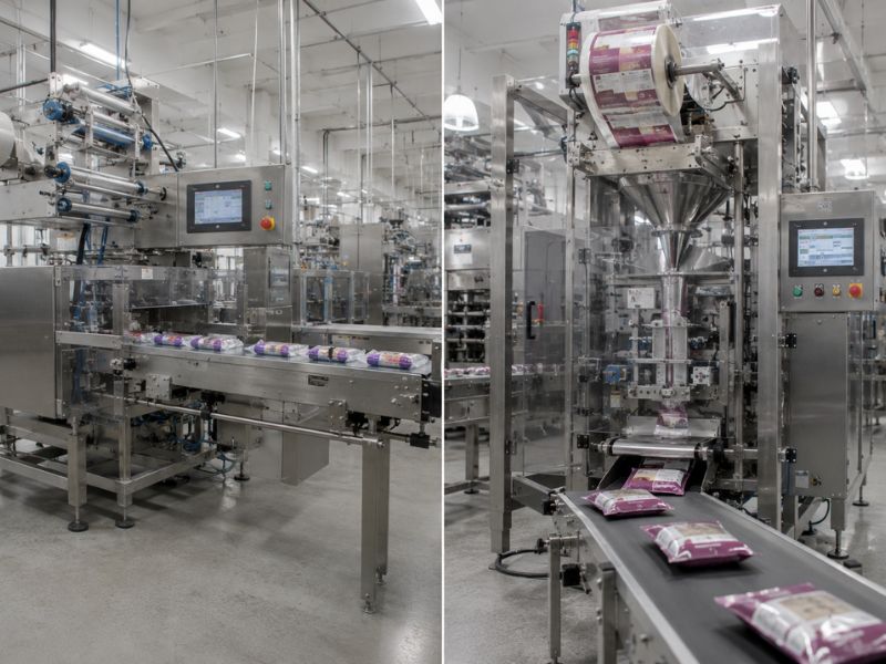 Operator overseeing horizontal flow wrap packaging equipment producing single-serve packaged products.