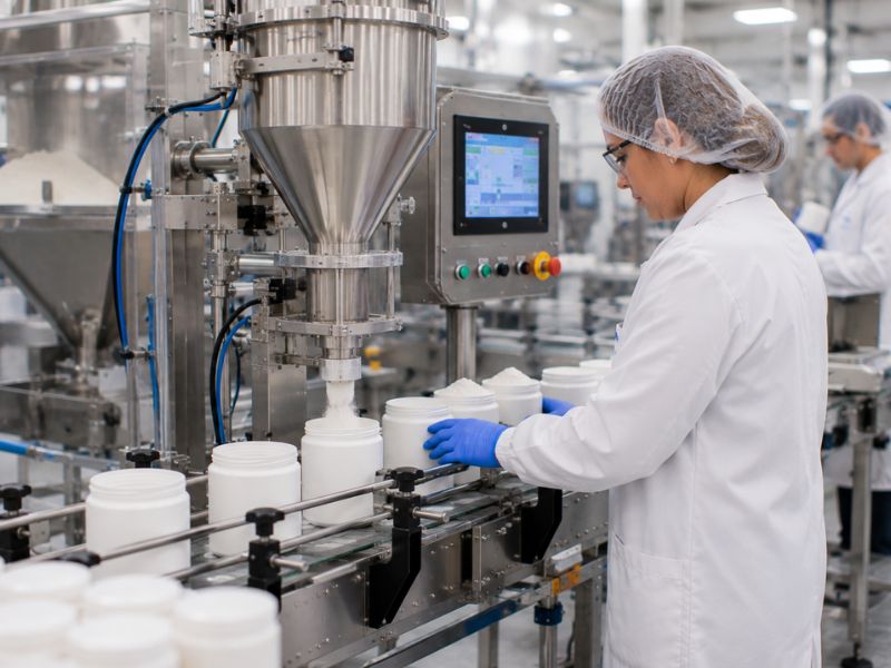 Automated vertical packaging equipment producing retail-ready flexible pouches for consumer packaged goods.