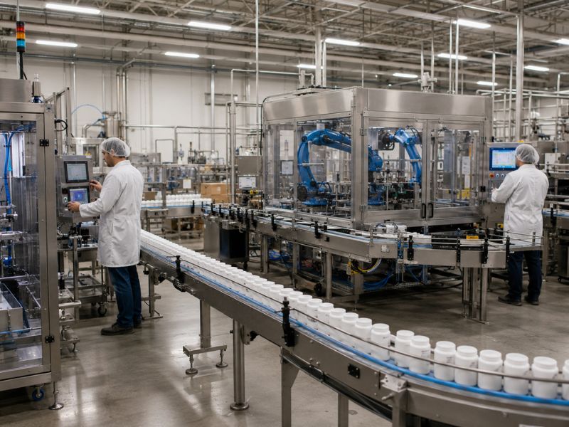 Automated bottle filling and packaging line with robotics inside a contract manufacturing facility producing consumer packaged goods.