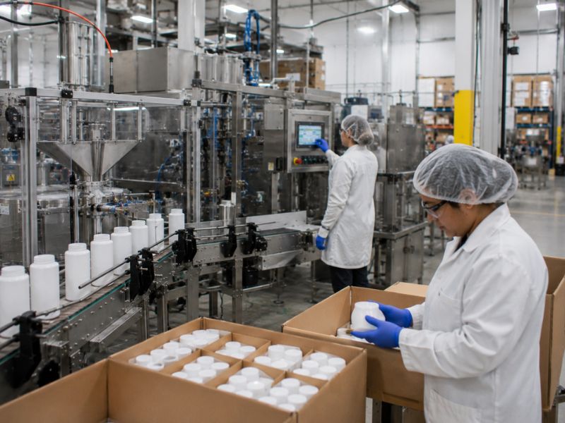 Contract packaging technicians overseeing automated bottle filling and quality control operations in a modern manufacturing facility.