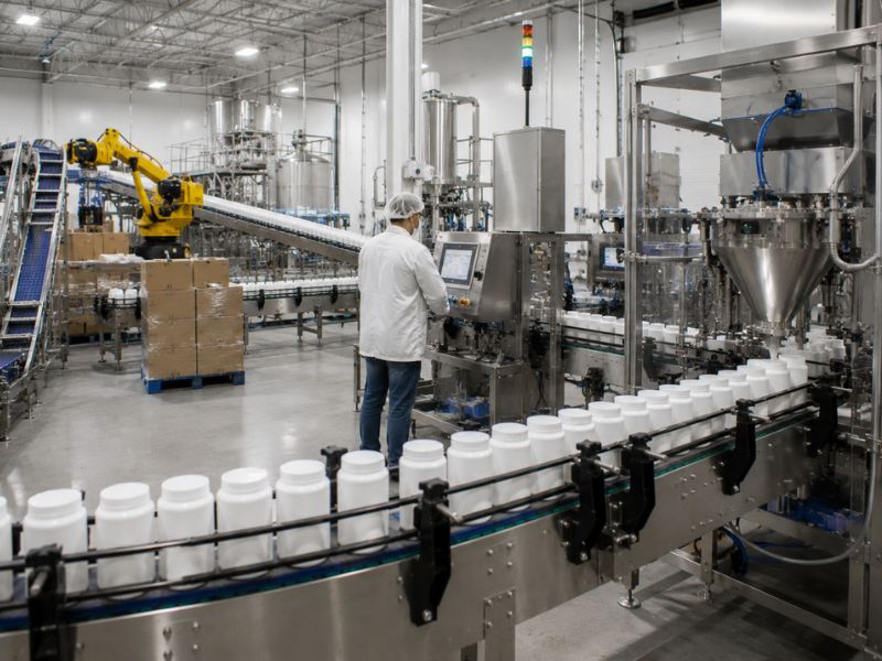 Large-scale contract manufacturing facility with automated bottle filling, conveyor systems, and robotic packaging equipment.