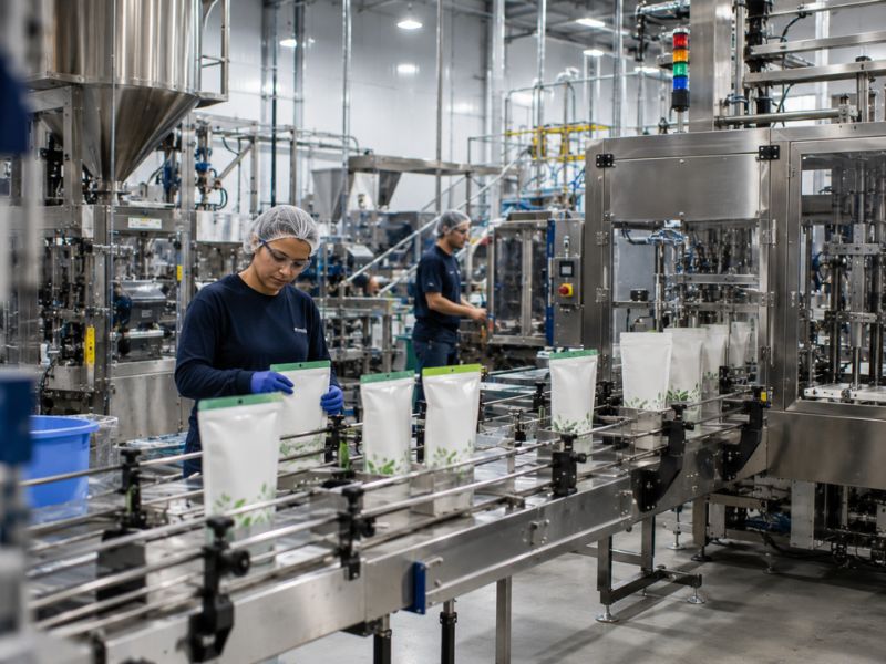 Automated pouch packaging line producing flexible packaging products with quality inspections during manufacturing.