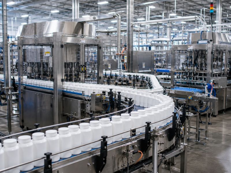 High-speed rigid packaging line transporting plastic bottles through an automated contract packaging and filling operation.