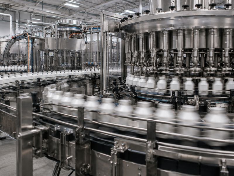 High-speed liquid filling and bottle packaging equipment inside a large-scale contract manufacturing facility.