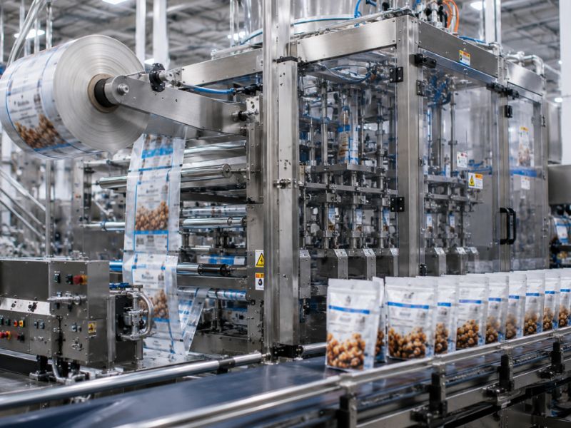Vertical form fill seal machine producing stand-up pouches on an automated flexible packaging production line.