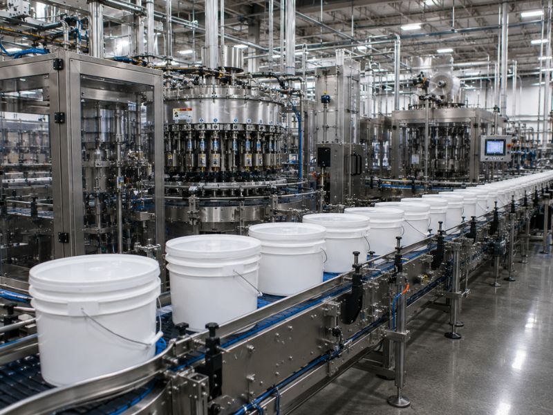 Automated turnkey packaging system producing bulk flexible pouches in a modern food-grade manufacturing facility.