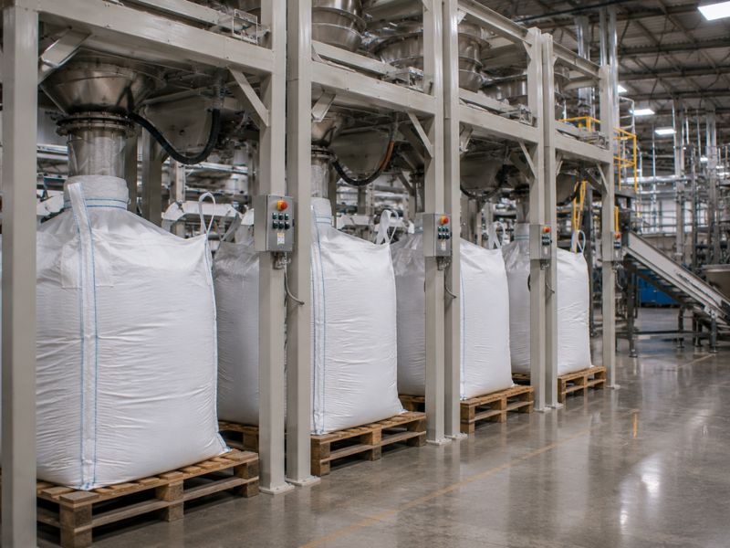 Large-scale pail filling line transporting industrial buckets through an automated contract packaging operation.