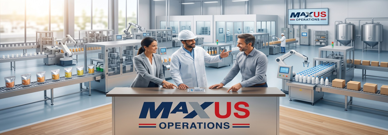 Three people discuss at a MAXUS OPERATIONS desk in a modern food processing factory, surrounded by machinery and packaged products, highlighting efficient turnkey packaging solutions in a clean, industrial environment.