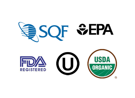 Six certification logos: SQF, EPA, FDA Registered, Kosher (U), and USDA Organic, demonstrate our commitment to food safety and regulatory standards with comprehensive Turnkey Packaging Solutions.