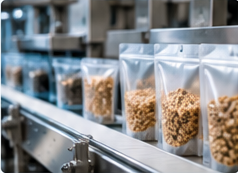 Clear plastic pouches filled with nuts moving along a factory conveyor belt.
